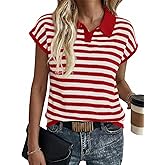 Saodimallsu Womens Striped Polo Sweater Cap Sleeve Summer Top Button V Neck Collared Knit Pullover Shirts