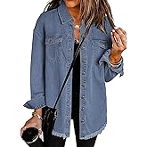 Vetinee Women’s Oversized Button Up Frayed Hem Shacket Long Sleeve Pockets Denim Jean Jacket