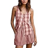 TERIVEEK Women Summer Gingham Two Pieces Set Plaid Button Front Sleeveless Tank Top Matching Shorts Set Vacation Outfits