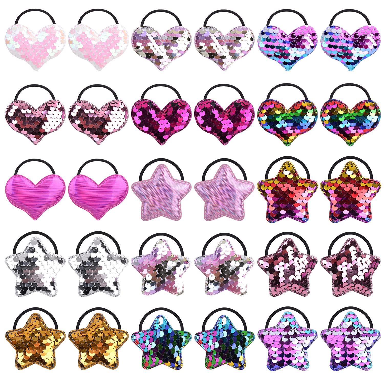 inSowni 30 Pack/15 Pairs Glitter Sequin Heart Star Hair Ties Scrunchies Elastics Pigtail Ponytail Holders Hair Bows Rubber Bands Hair Ropes with Charms Accessories for Baby Girls Infants Toddlers Kids