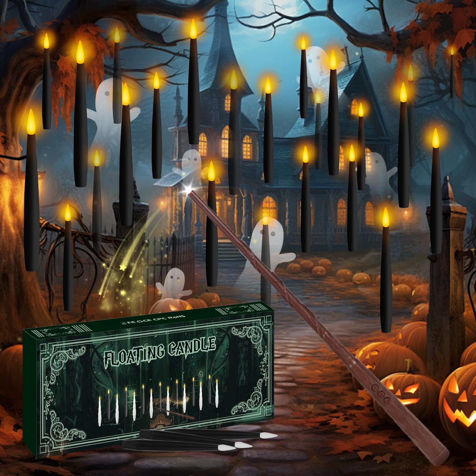 Photo 1 of NURADA Floating Candles with Wand Remote Timer - 24 Pcs Magic LED Hanging Flameless Taper Candles Flickering Battery Operated for Birthday Theme Party Holiday Home Halloween Decor - Black