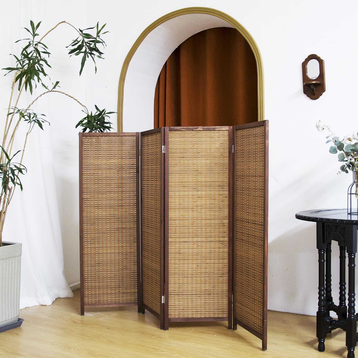 Photo 1 of Pawlabay 4 Panel Short Panel Divider Screen,3.95 FT Tall Bamboo Room Divider Folding Privacy Screen,Short Panel Divider Freestanding Room Divider for Room Seperation,Brown