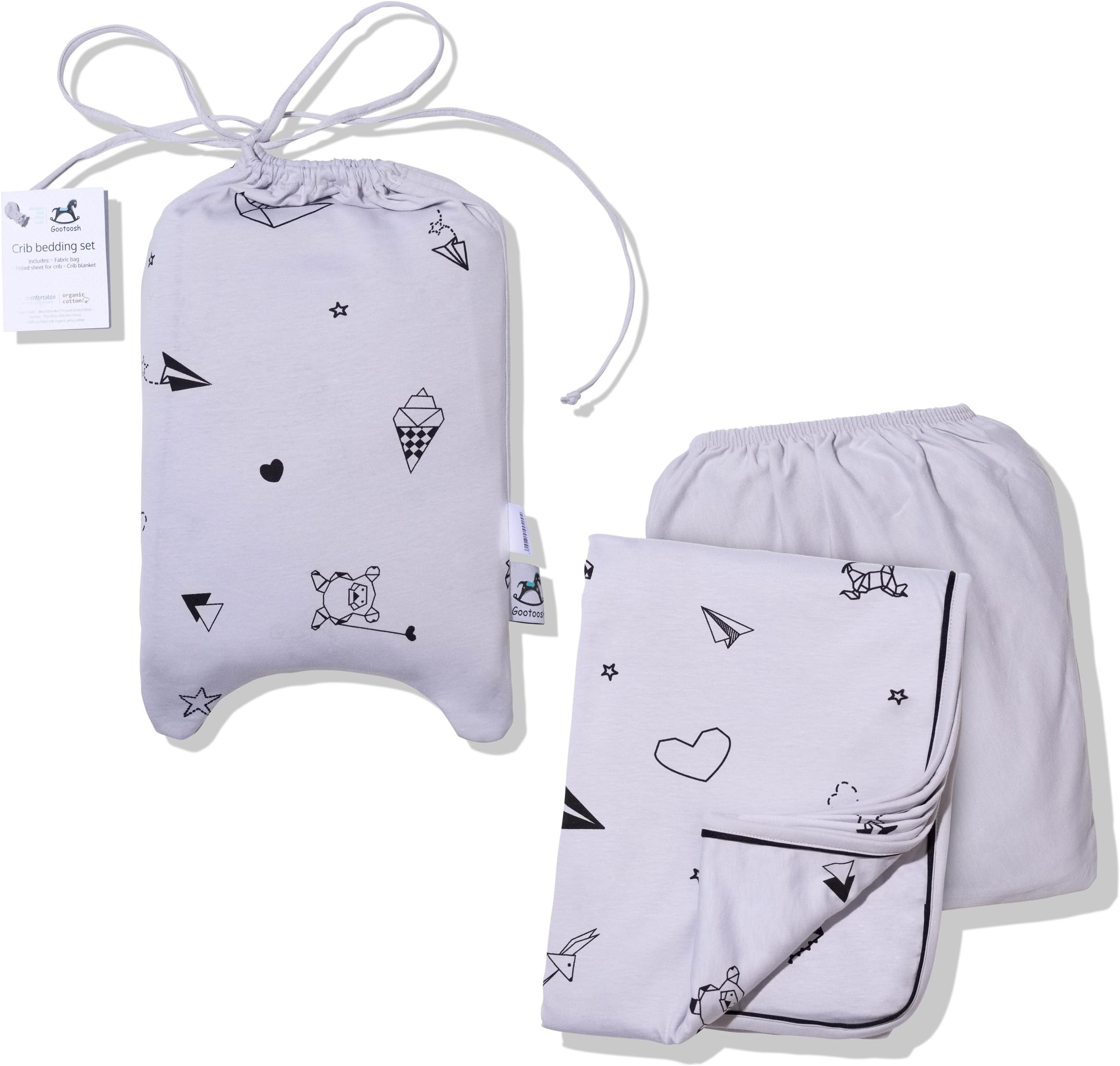 Gootoosh Crib Bedding Set 3-Piece – Fitted Sheet, Baby Blanket and Fabric Bag – 100% Jersey Organic Cotton –Toddler Nursery Bedding Set for Boys and Girls – 9" Deep (Origami Grey)