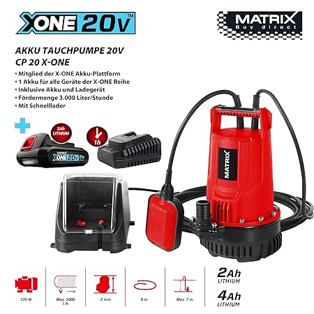 Matrix 511010593 Akku Tauchpumpe CP 20 X-ONE, 100 W, Rot, Schwarz