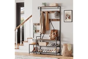Rustic Hall Tree Coat Rack with Shoe Bench & Multi-Storage (Hooks, Bar, Rack, Cubbies, Shelf) for Entryway