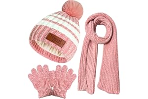 Kids Toddlers Winter Hats Stripes Beanie Gloves Neck Warmer Scarf Set Gifts for 2-7 Years Old Baby Girls Boys