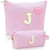 YILANCOL Initial Makeup Bag Personalized Preppy Cosmetic Bag Trendy Toiletry Travel Bag For Teen Girls Kids Women Letter Makeup Pouch Purse Holiday Gifts Birthday Christmas Gifts 2pack (J, Pink)