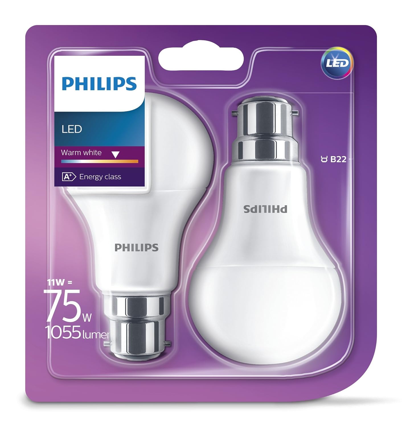 Philips LED B22 Cap Light Bulb, Frosted, 11 W (75 W) Warm