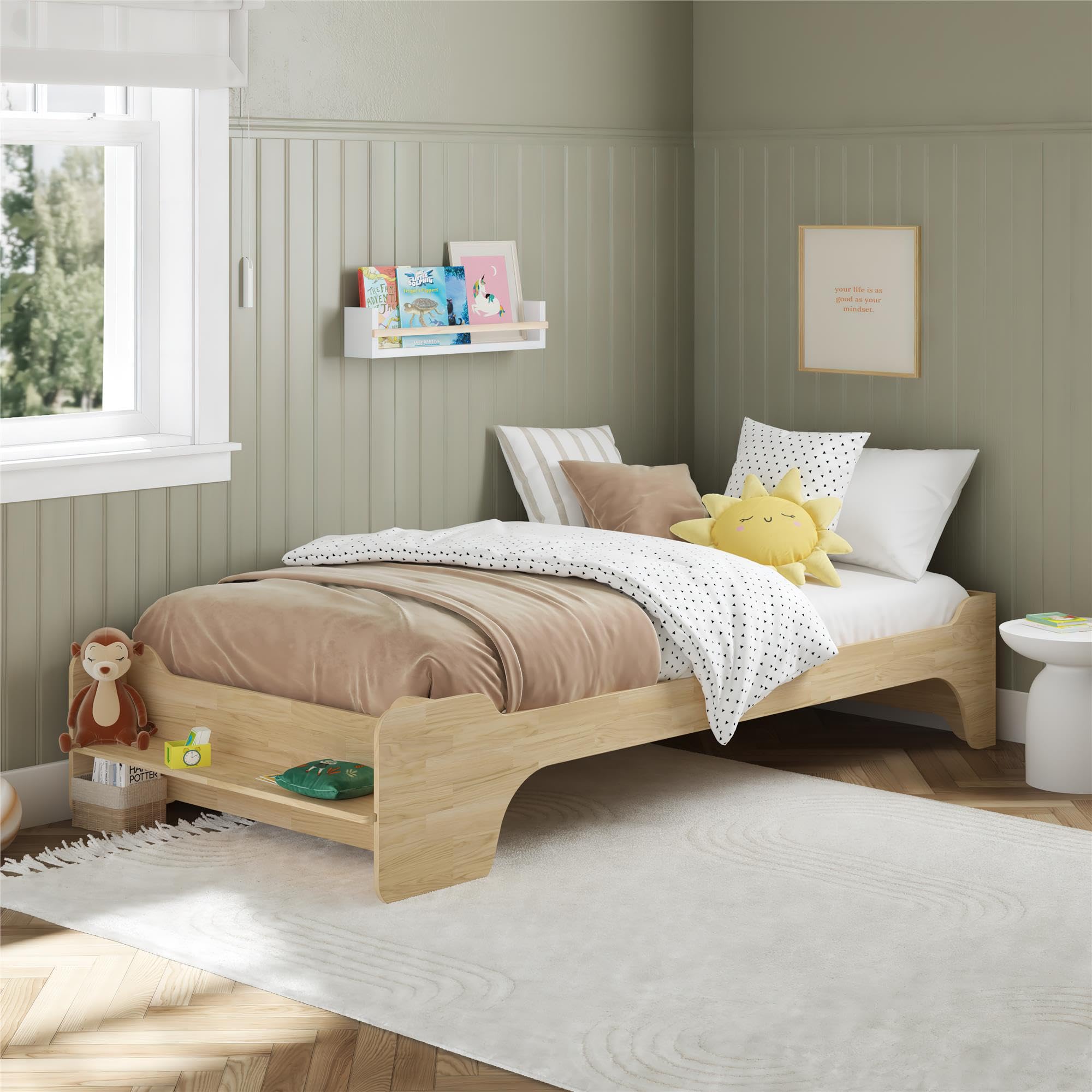 Photo 1 of *MISSING PARTS UNKNOWN*
Max & Finn Murdock Kids Montessori Floor Bed with 2 Heights, Built-in Bookshelf, Solid Wood, Natural