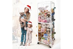 MEGAPUXIN Stuffed Animal Storage Zoo with Wheels, Large Stuff Animals Plushies Holder Toy Organizer Kids Plush Storage Cage PVC with Elastic Band and Net for Nursery Playroom Corner for Toddler Boys Girls