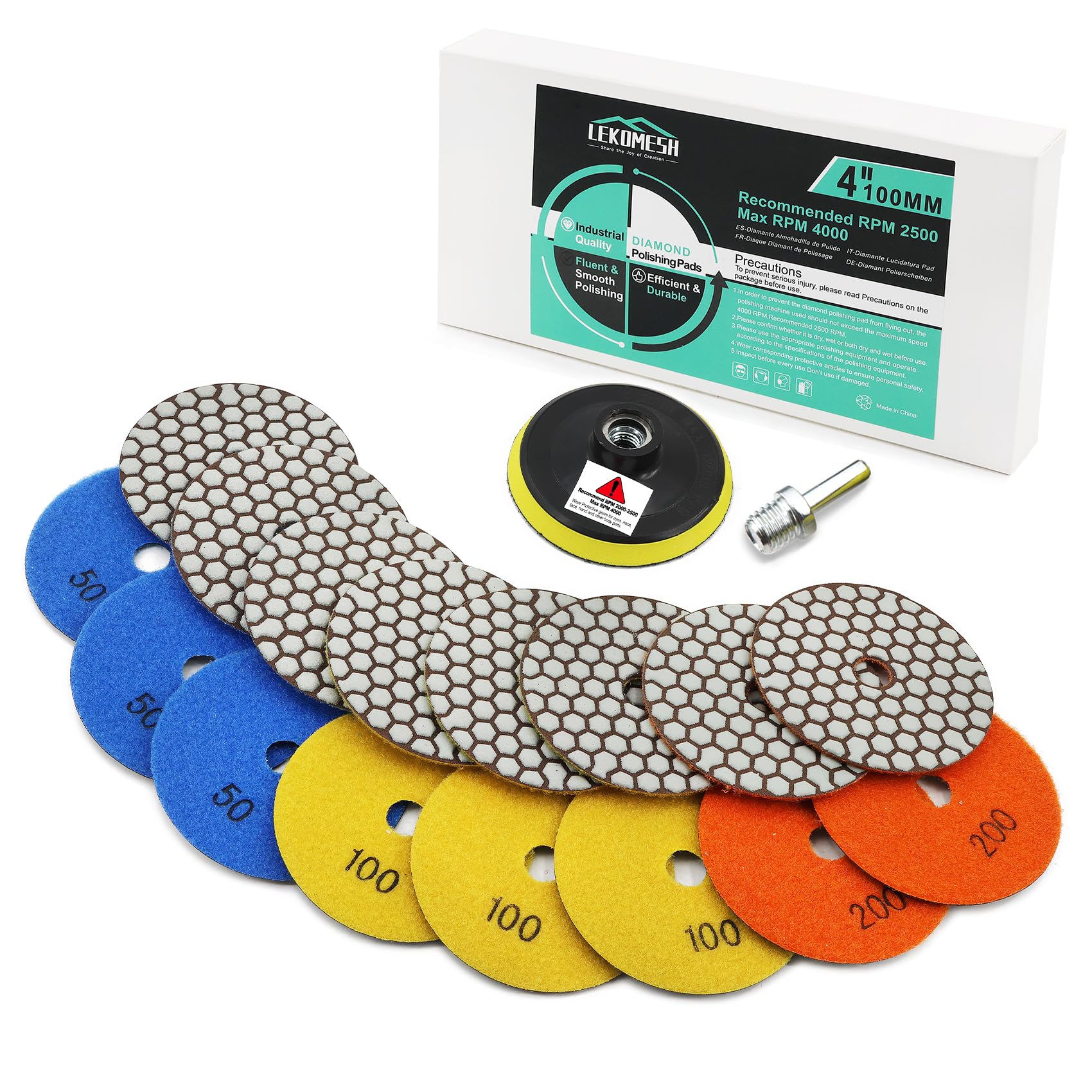 Diamond Dry Polishing Pad LEKOMESH - 8pcs 4 Inch(#50 * 3/100 * 3/200 * 2) + M14 Backer Pad + M14 Round Shank Adapter,Dry Polishing Wheel Set for Granite Marble Artificial Stone Quartz