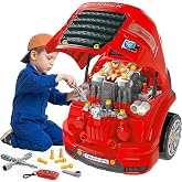 Qaba Truck Engine Toy with Lights, Sounds, Steering Wheel for Kids 3+, Red | Kids Mechanic Set, Horn, Pretend Car Service Station Play, 61-Piece Included