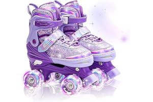 DFXLF Kids Roller Skates for Girls Boys 4 Size Adjustable Ages 3-5 5-8 6-12 Quad Rollerskates with Light Up Wheels for Beginner Children's Birthday Gift patines para niñas Outdoor Sports