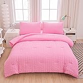 Yadangxiawa Pink Comforter Sets King Size, Pink Seersucker Bedding Set 3-Pieces Bed in a Bag Microfiber Lightweight Comforter All Season Bedding Sets with 2 Pillowcases