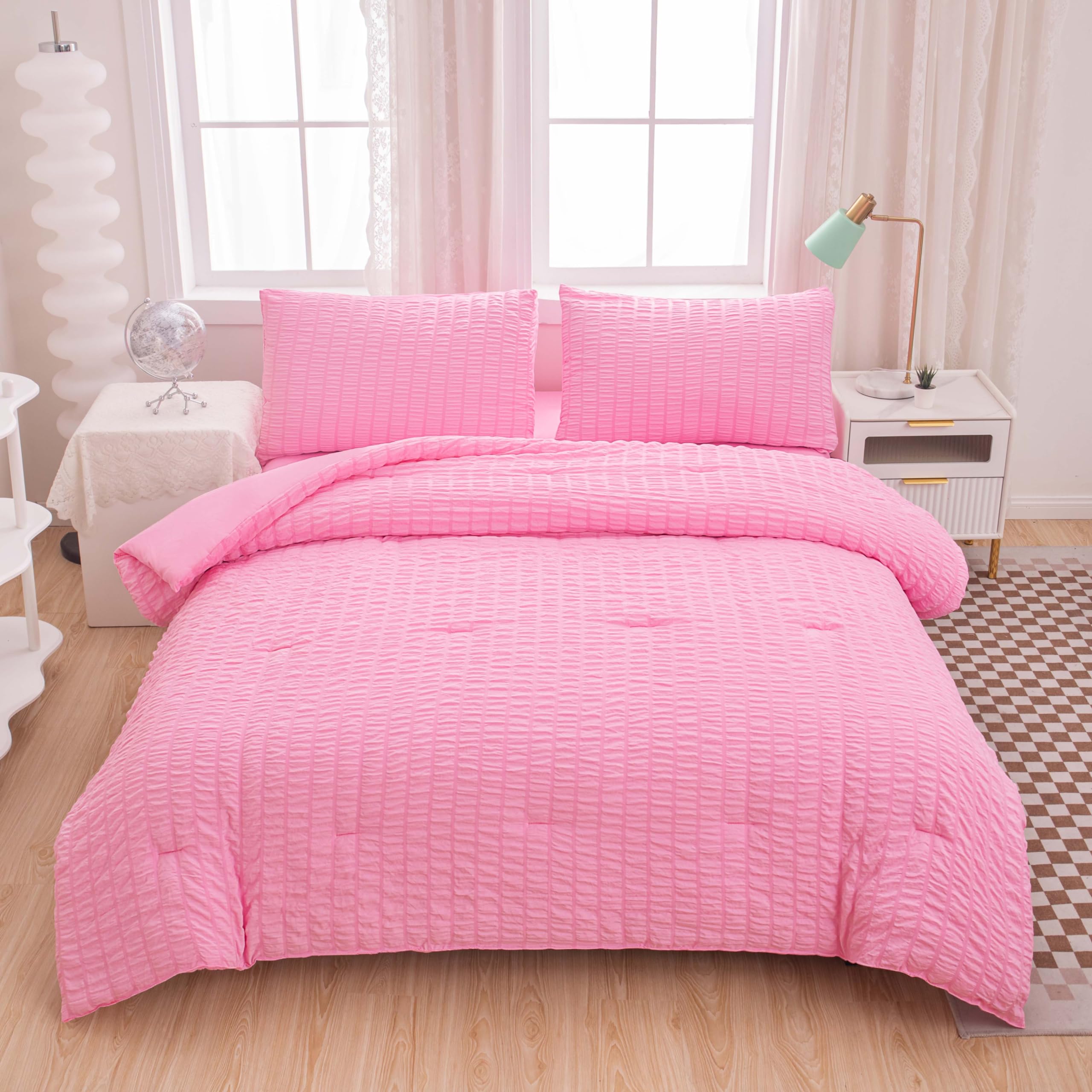 Photo 1 of **POSSIBLY MISSING PIECES** Yadangxiawa Full Bed in a Bag Pink Seersucker Comforter Set 5-Pieces Microfiber Lightweight Comforter All Season Bedding Sets with Comforter,Flat Sheet,Fitted Sheet and Pillowcases…