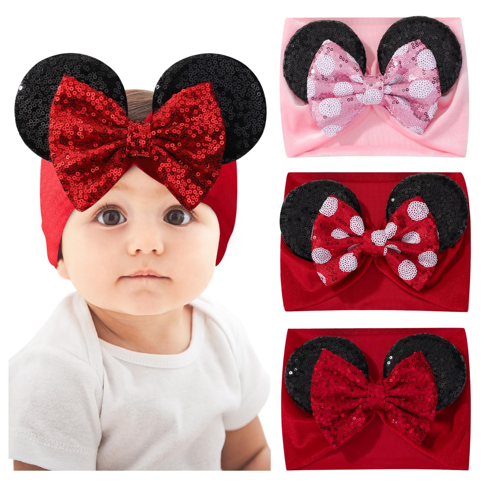 Photo 1 of choicbaby 3 PCS 5 Inches Mouse Ears Sequin Bow Nylon Hairband with Polka Dot Cute Baby Headbands Soft Hairbands Hair Accessories for Newborn Infant Toddler Party Supplies
