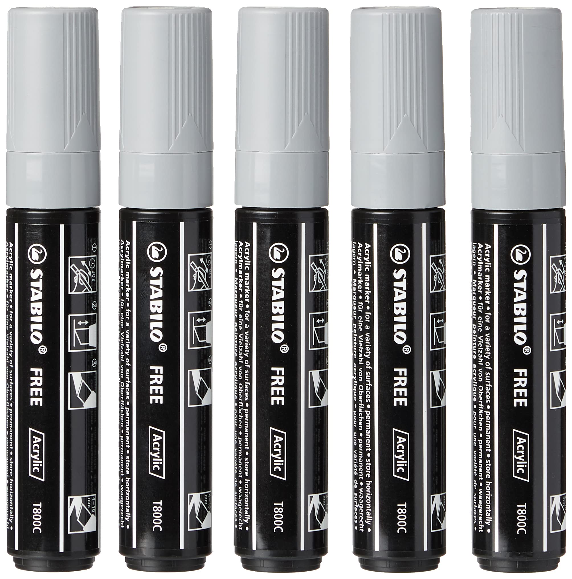 STABILO Acrylic Marker FREE Acrylic - T800C 2-3 mm Bullet Tip - Box of 5 - Dark Grey