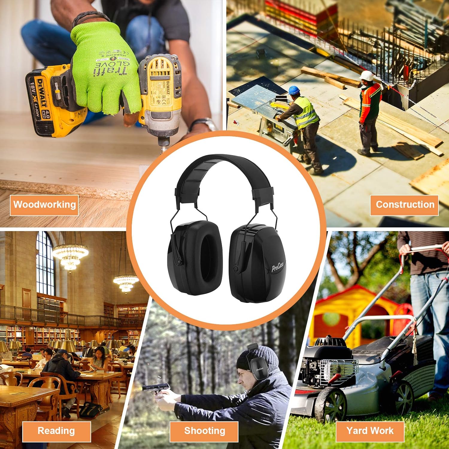 ProCase Noise Reduction Safety Ear Muffs, Hearing Protection Earmuffs, NRR 35dB Adjustable Noise Protection Ear Defenders for Hunting Shooting Range Lawn Mowing Construction Woodwork -Black - - 