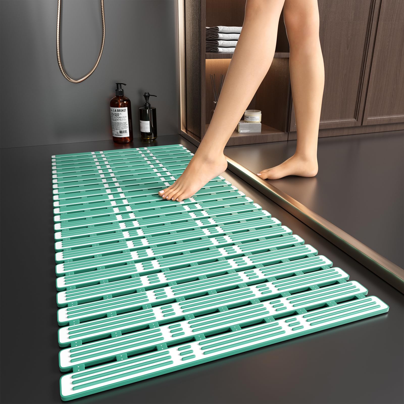 XIYUNTE Large Shower Mat Non Slip Anti Mould for Elderly - 90x40cm Bathtub Mats Non Slip Bath Mats for Inside Bath, Rubber Anti Slip Shower Mat with Suction Cups, TPE Bath Mat, Cut to Size, Green