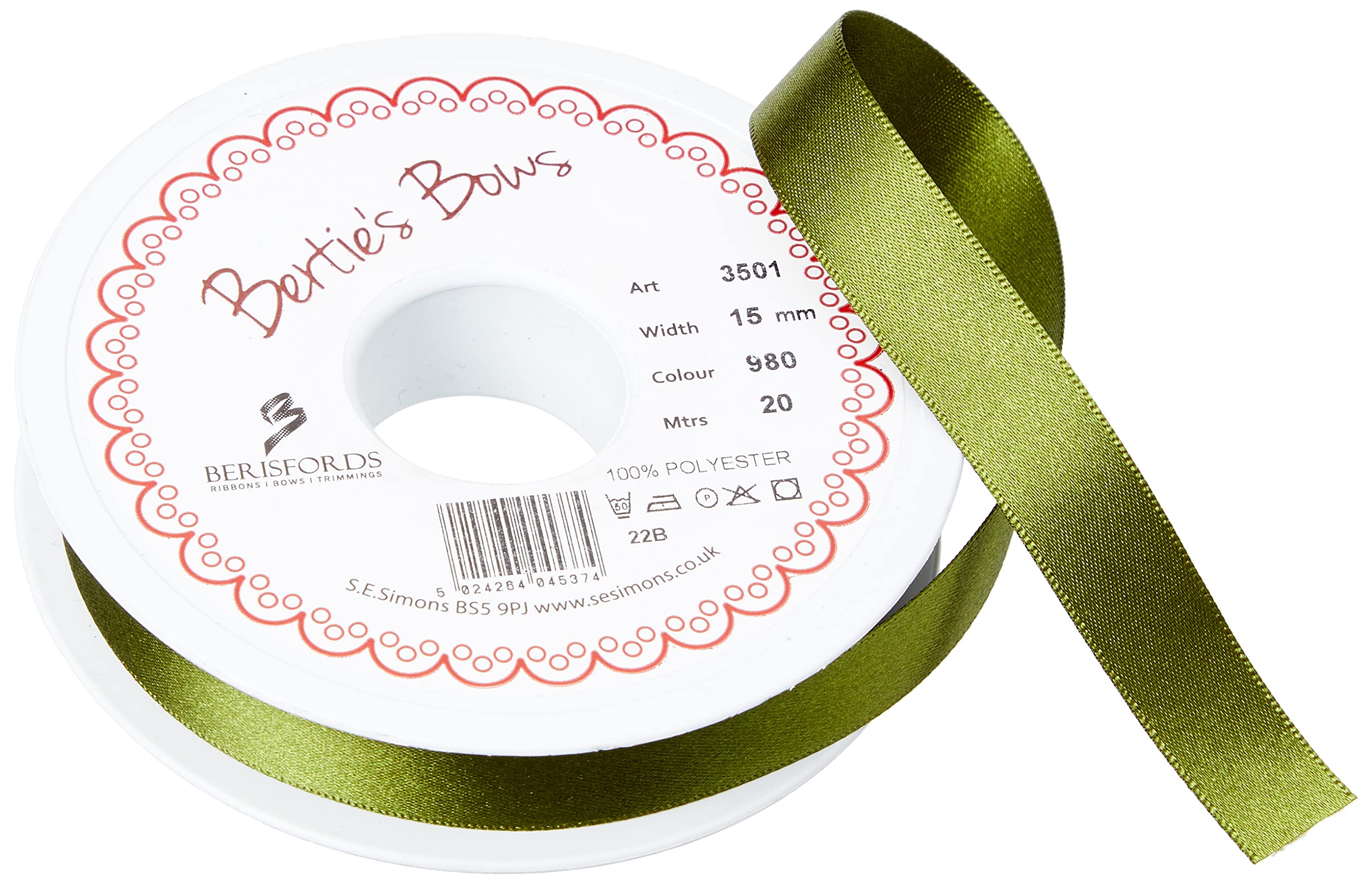 Berisfords Double FACE Poly Satin Ribbon, Cypress, 15 mm