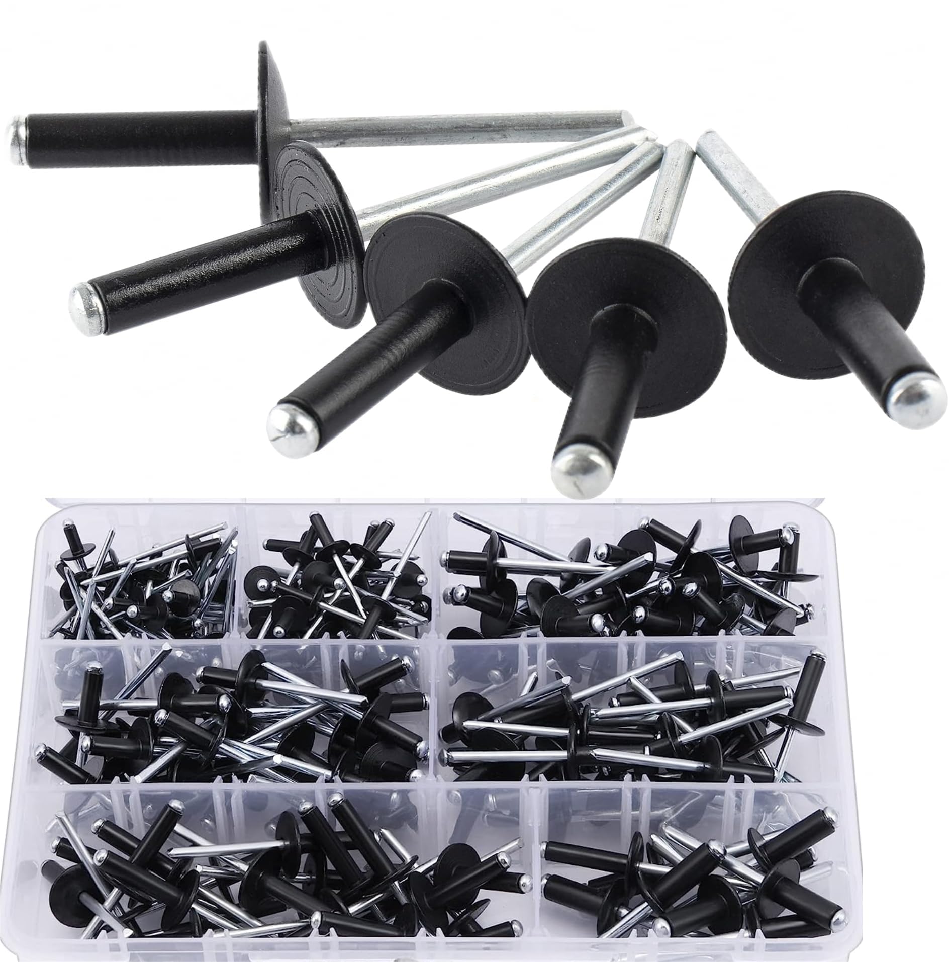 Photo 1 of 220PCS Large Flange Aluminum Blind Rivets?Black Rivets Pop Rivets Assortment Kit, 7 Sizes Aluminum Rivets (1/8" 5/32"3/16") Assorted Blind Rivets with Case