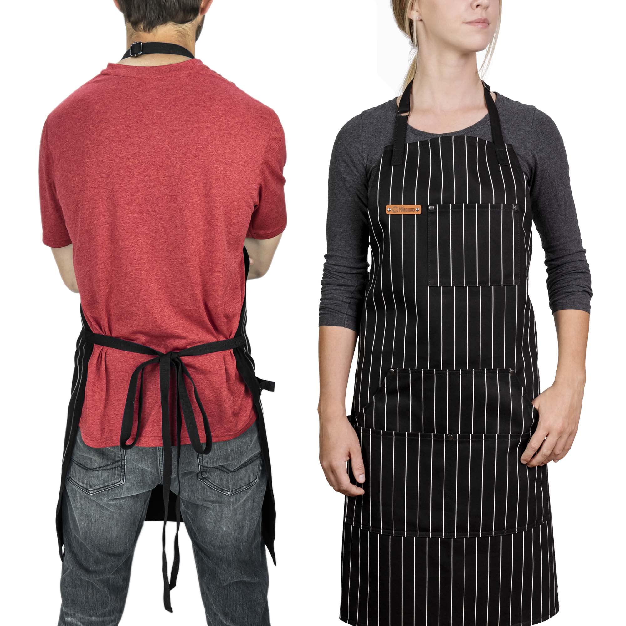 Chef Pomodoro Chef Apron for Men and Women, Kitchen Apron for Women with Pockets, Adjustable Neck Straps Chef Aprons, Aprons for Cooking, 100% Cotton Cooking Aprons, Machine Washable, Classic Striped