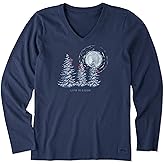 Life is Good Womens Crusher Tee Shirt, Long Sleeve Cotton Graphic T-Shirts, Snowy Pines with Cardinals