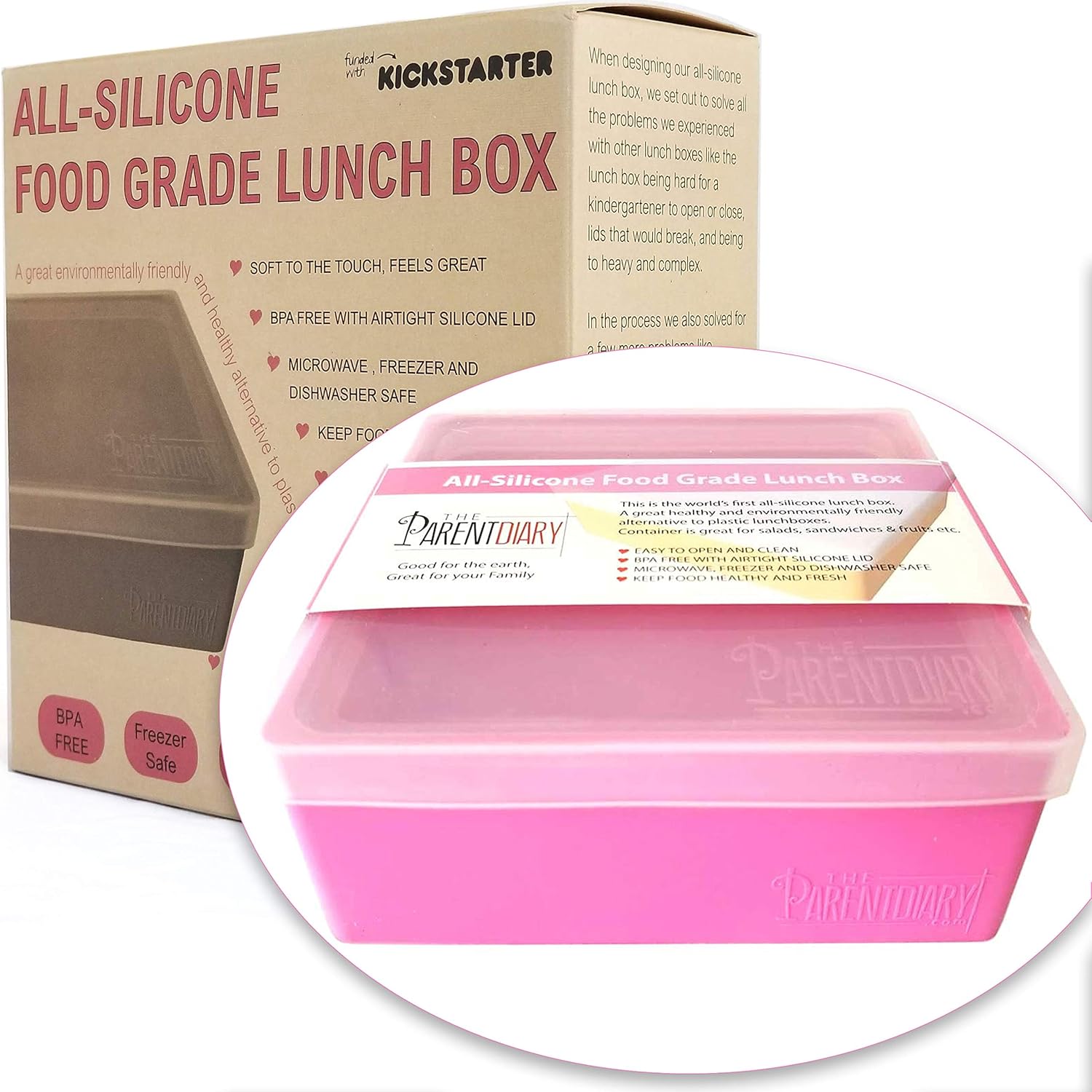 Eco Lunch box for Kids and Adults | All Silicone Lunch Containers with Dividers | Kids lunch container | Microwave, Dishwasher and Freezer Safe | The Parent Diary (Pink, Single Compartment)