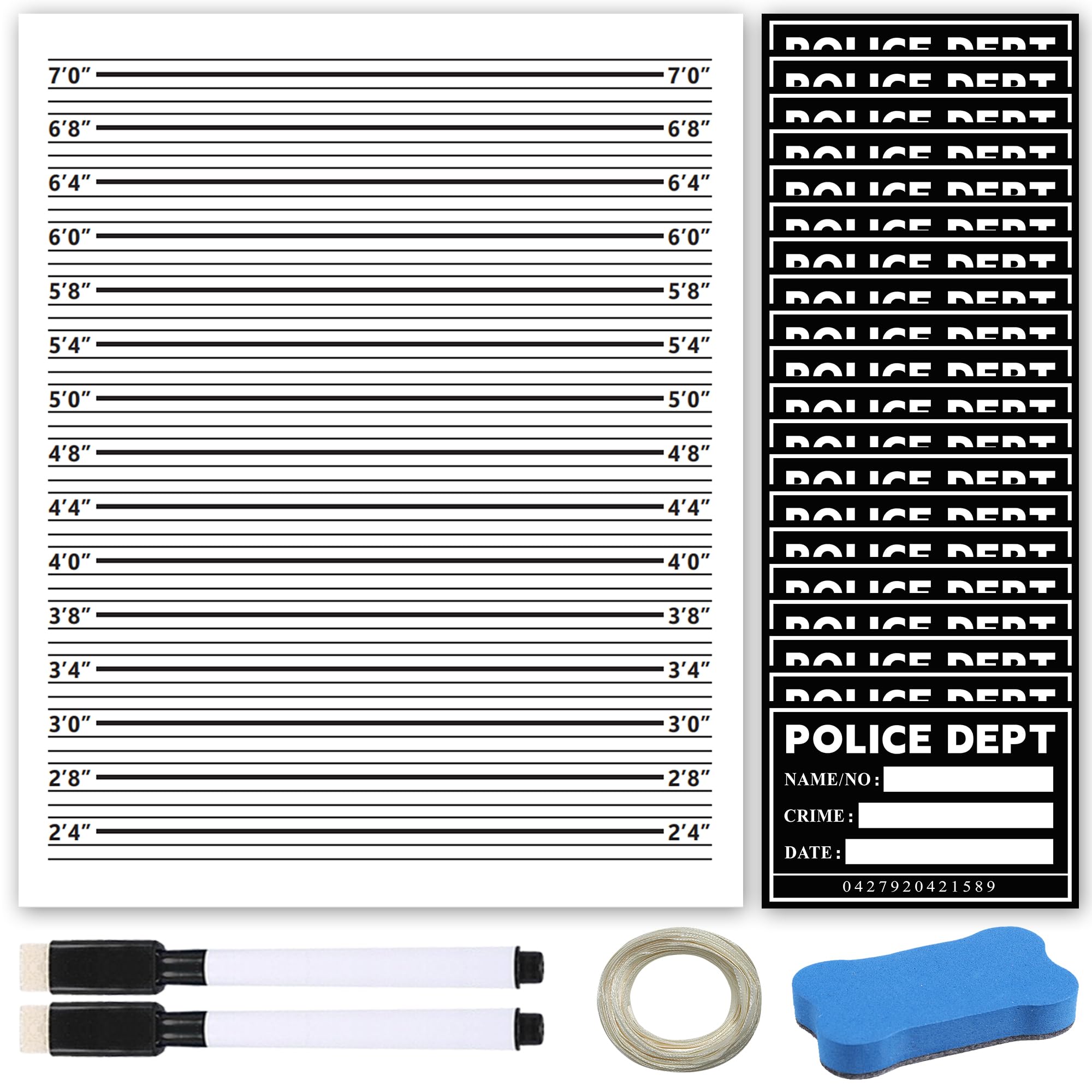 Photo 1 of Mugshot Backdrop 5×4.3FT, 20 Pack Mugshot Signs with Polyester Height Charts,Crime Scene Jail Photo Props Background with 2 Markers & Dry Erase Eraser for Bachelorette, Jail Party Decorations