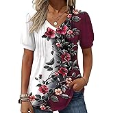 Zeagoo Women's Puff Short Sleeve Boho Shirts Casual V Neck Floral Solid Summer Blouse Pleated Tunic Top
