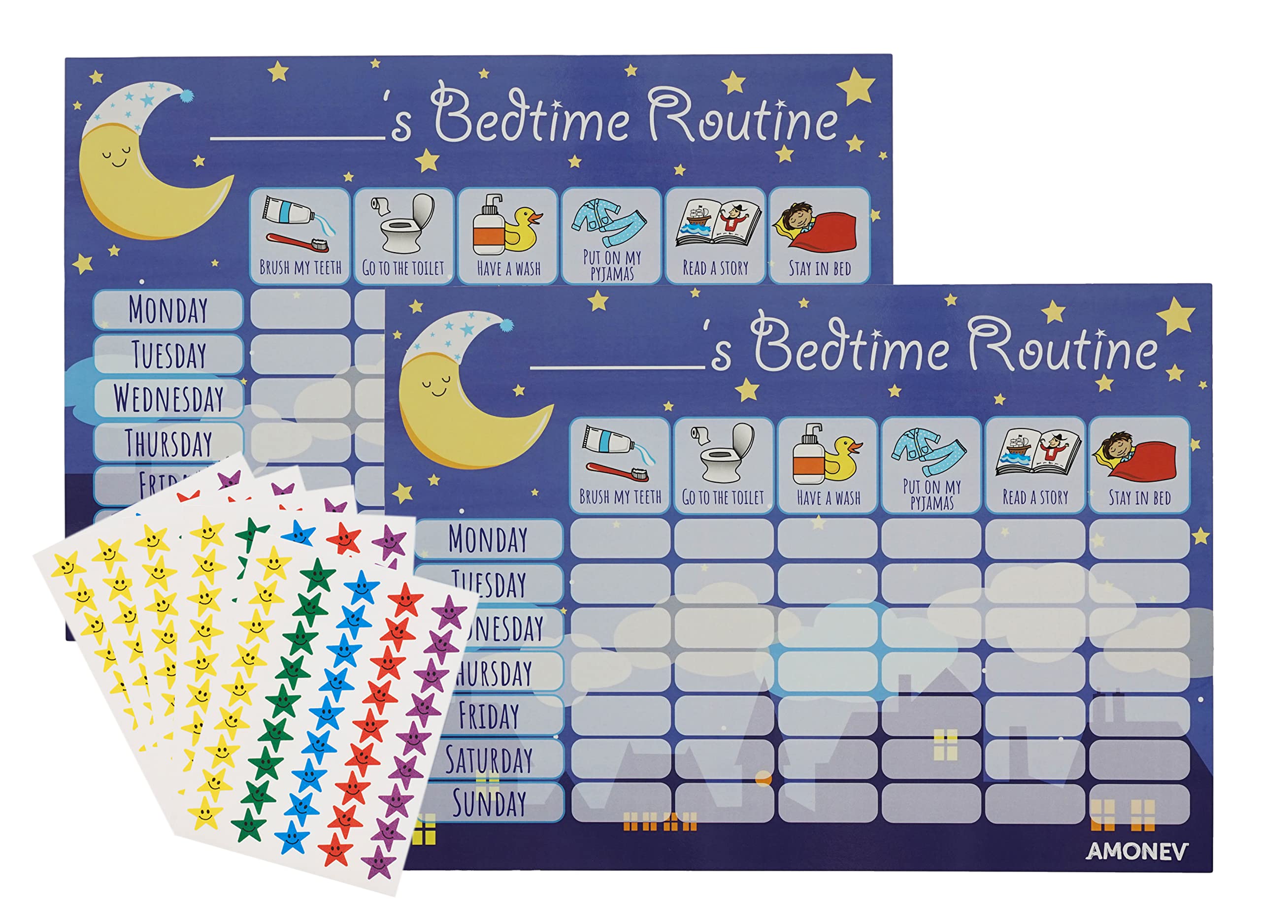 Amonev 2 Pack Amonev Blue Bedtime Chart, Sleep Training Reward Chart for Girls, Toddlers and Toddlers with 225 Stars Stickers Included