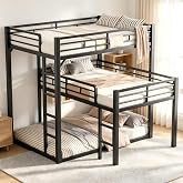 PVWIIK L-Shaped Full Triple Bunk Bed for Kids, Black | Full Over Full Over Full Triple Bunk Bed with Ladder &amp; Safety Guardrail