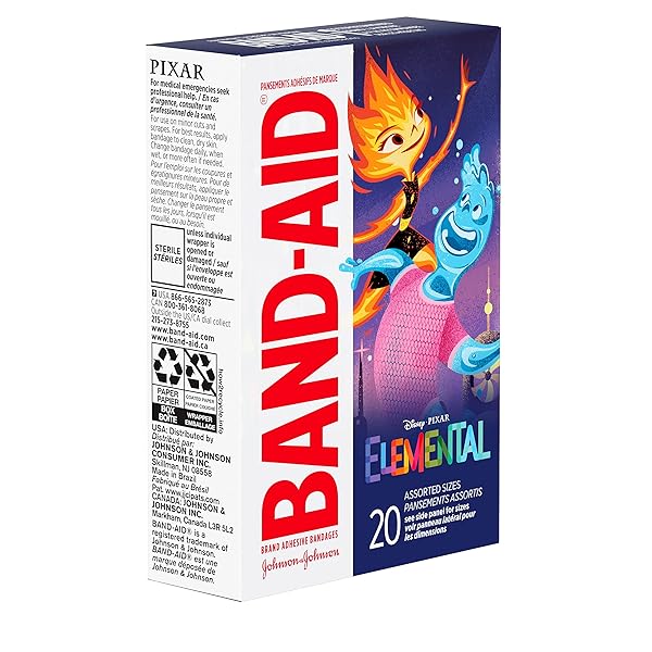 BAND-AID BRAND ADHESIVE BANDAGES FOR MINOR CUTS & SCRAPES, WOUND CARE FEATURING DISNEY’S ELEMENTAL CHARACTERS, FUN BANDAGES FOR KIDS AND TODDLERS, ASSORTED SIZES, 20 COUNT