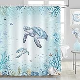 Dazzlewall Blue Beach Coastal Shower Curtain Sea Turtle Nautical Bathroom Curtain with Seashell Starfish Kelp Polyester Fabric with 12 Hooks, 72×72 in