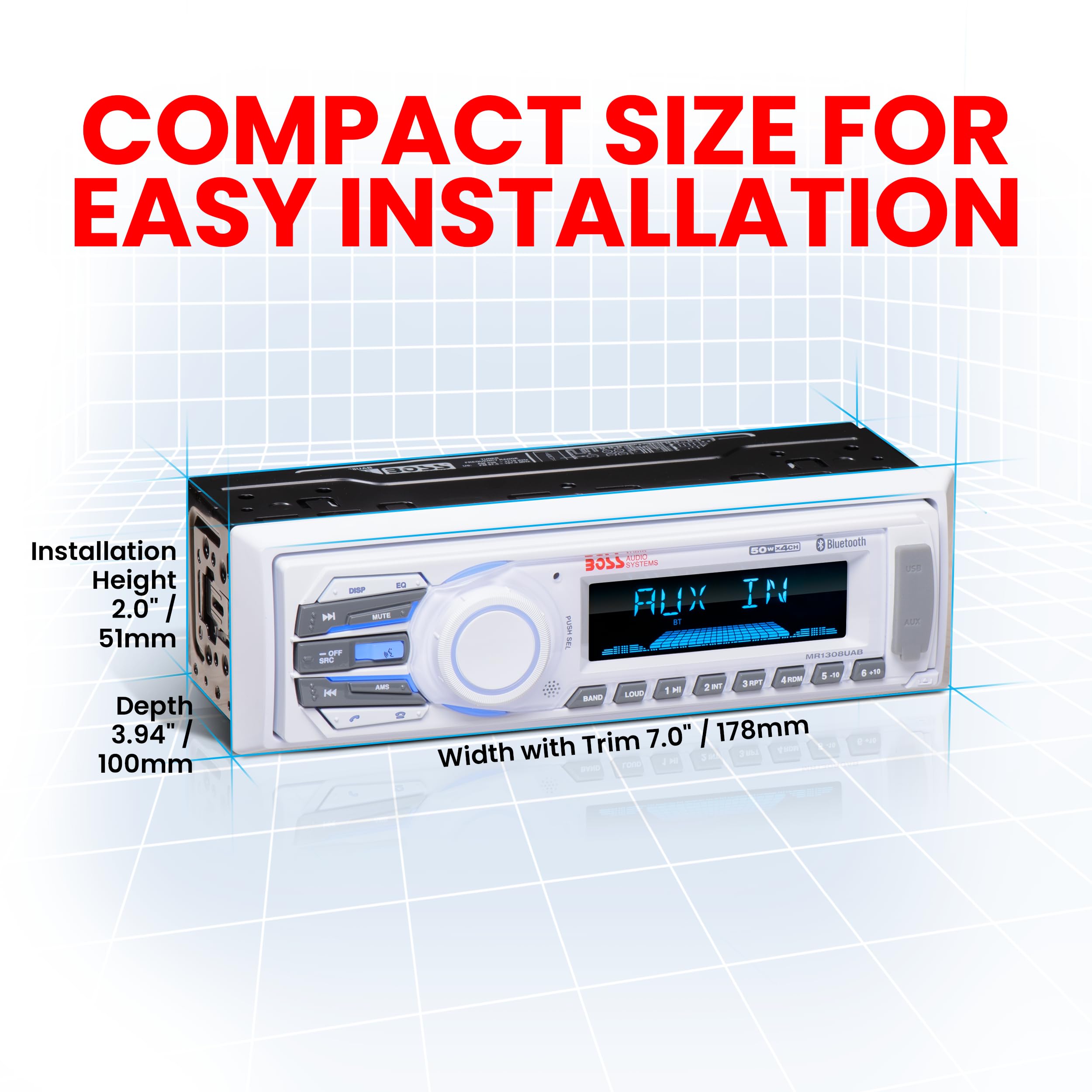 BOSS Audio Systems MR1308UAB Marine Receiver - Weatherproof, Bluetooth Audio, USB, SD, MP3, AM/FM, Aux-in, No CD Player, White, 8.50in. x 8.50in. x 4.00in.