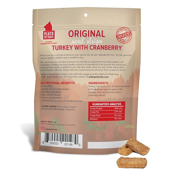 PLATO TURKEY REAL STRIPS NATURAL DOG TREATS – REAL MEAT – AIR DRIED – MADE IN THE USA – TURKEY & CRANBERRY, 18 OUNCES