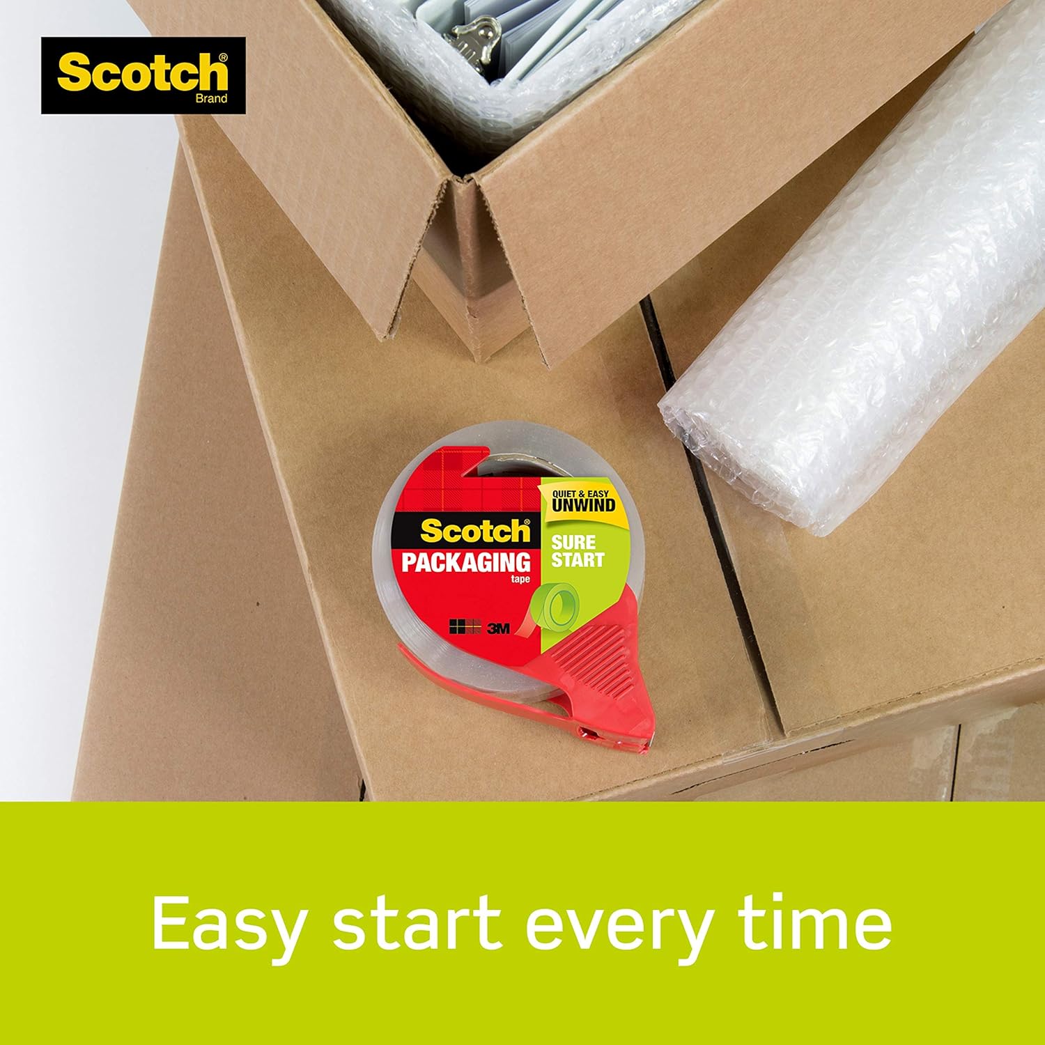 Scotch Sure Start Shipping Tape with Dispenser, 1.88 in. x 38.2 yd., Clear, 1 Dispenser/Pack : Office Products