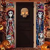Day of The Dead Decoration Outdoor, Dia De Los Muertos Sugar Skull Front Porch Door Sign Banner, Gothic Halloween Mexican Fiesta Sugar Skull Decorations and Supplies for Home Altar Ofrenda