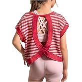 WDIRARA Girl Striped Open Back T Shirts Scoop Neck Short Sleeve Workout Top | Shirt with Hole, Criss Cross, Cute, Summer, Gym Yoga Athletic Tops