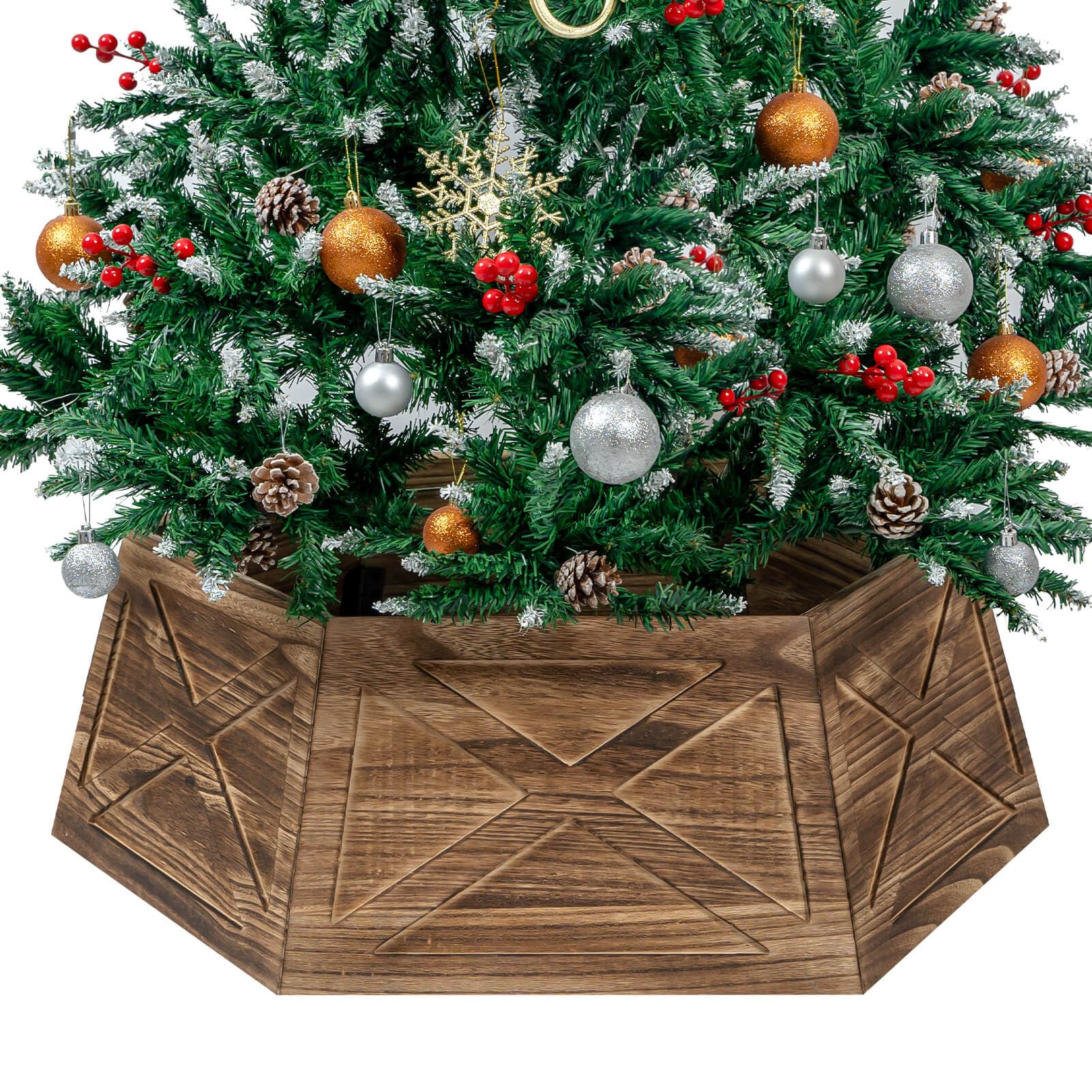 Photo 1 of Kriitools Wooden Tree Collar Box,30" Christmas Tree Collar Christmas Decoration,Farmhouse Christmas Tree Skirt,Vintage Weathered Wood Christmas Tree Base Cover 6-Piece,Fit Below 29.5" Stands-Brown