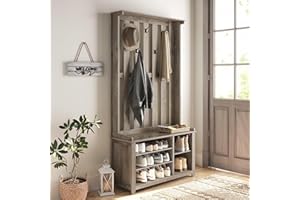 VASAGLE Hall Tree with Bench and Shoe Storage, Coat Rack with Shoe Bench, 7 Double Hooks for Jackets, Hats, Entryway, Bedroom, Living Room, 13.8 x 31.9 x 70.9 Inches, Heather Greige UHSR414G01