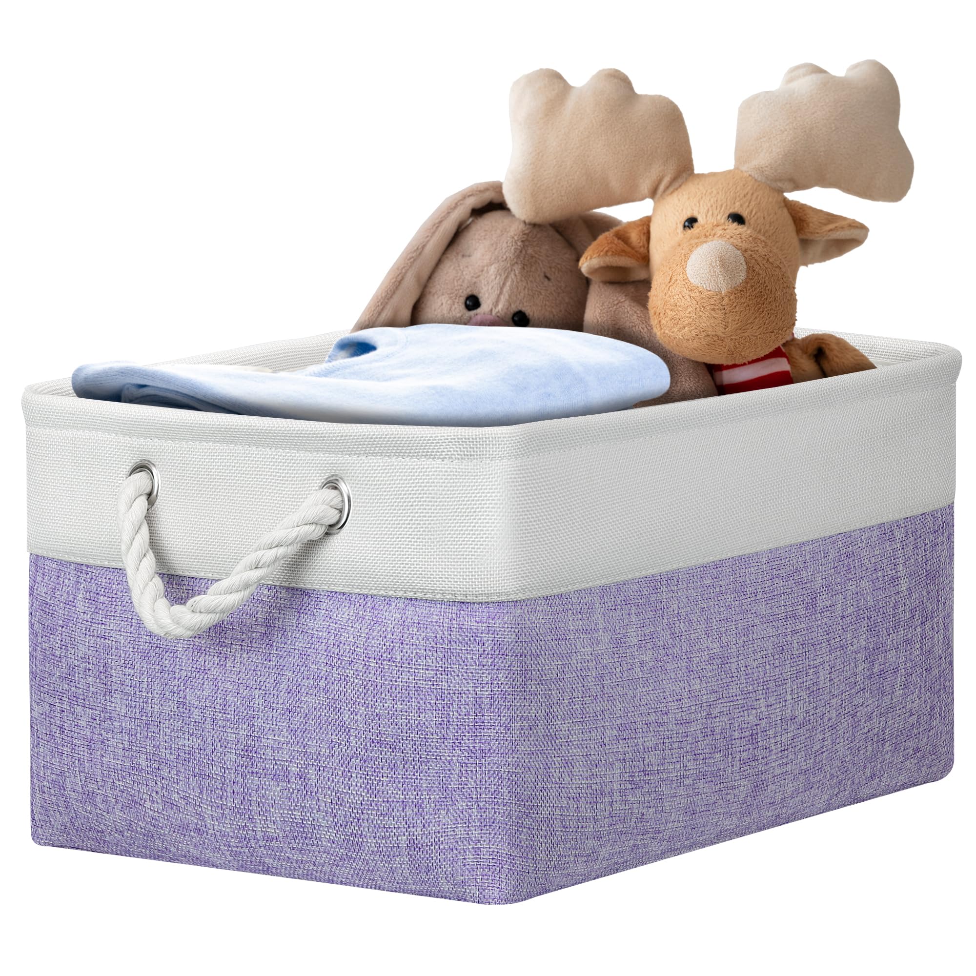 PWVMWM Large Storage Baskets, Rectangular Fabric Storage Box with Handles, Canvas Storage Basket Wardrobe Storage Box for Clothes Towels Toys Blankets Shoes (41x31x21cm/1 Pack, White Purple)