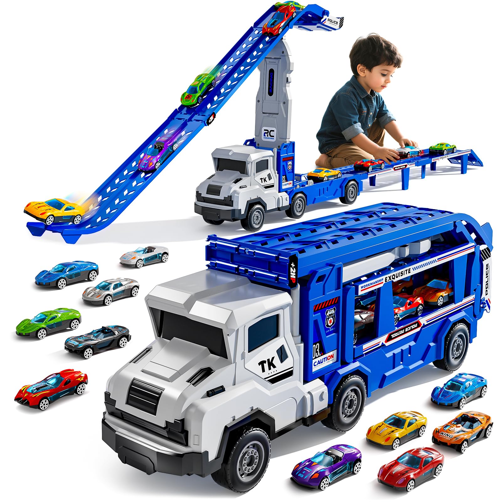 Bennol Truck Toys for Kids, Double Race Car Track Transport Vehicle with 12 Die-Cast Car Toys, Cars Ramp Toy for Toddler 3-5, Christmas Birthday Gift for 3 4 5 6 7 8 Years Old Boys Girls — image 1