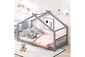 Harper & Bright Designs Kids House Beds Twin, Wooden Montessori Bed, Kids Twin House Bed with Headboard & Footboard, Twin Bed Frame for Kids Boys Girls Teens, No Box Spring Need (Twin, Gray)