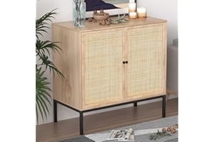 XIAO WEI Rattan Storage Cabinet with Doors, Modern Accent Sideboard Buffet Cabinet, Boho Farmhouse Console Table Credenza, for Living Room Hallway Kitchen, Metal Legs, Natural-1 Piece