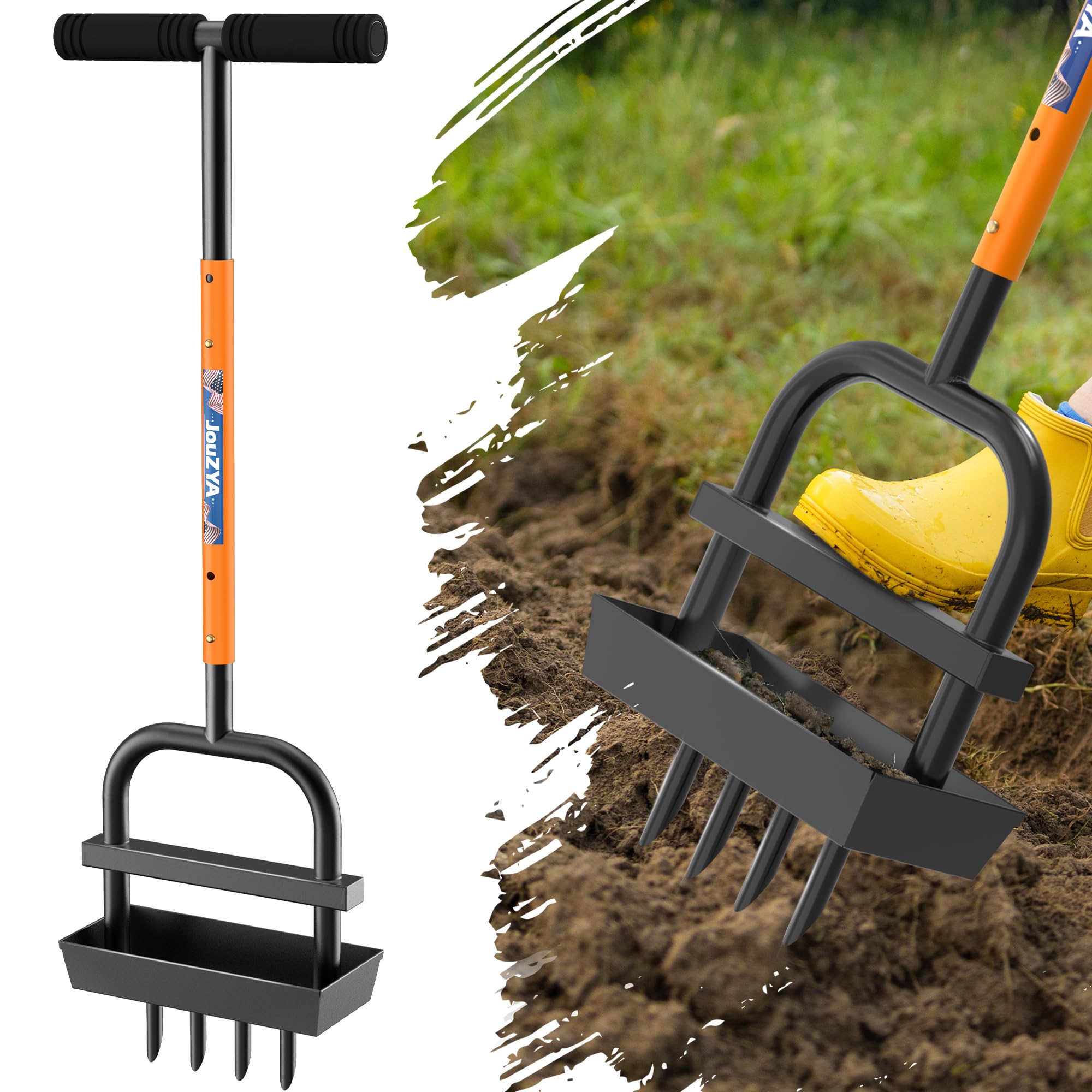 Photo 1 of JouZYA Lawn Aerator Coring Tool with Soil Core Collection Tray, 4 Tines Manual Yard Air Grass Aerator Gardening Tool for Lawn Care Courtyard,Orange?Updated Box?