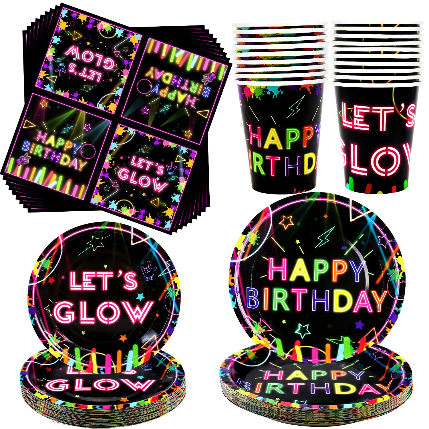 Ywediim Glow Neon Party Tableware Supplies Serves 40 - Includes Plates, Cups,Napkins,for Let’s Glow Theme Blacklight Party Decorations (Serves 40)