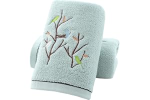 Pidada Hand Towels Set of 2 Embroidered Bird Tree Pattern 100% Cotton Absorbent Soft Decorative Towel for Bathroom (Aqua Green)