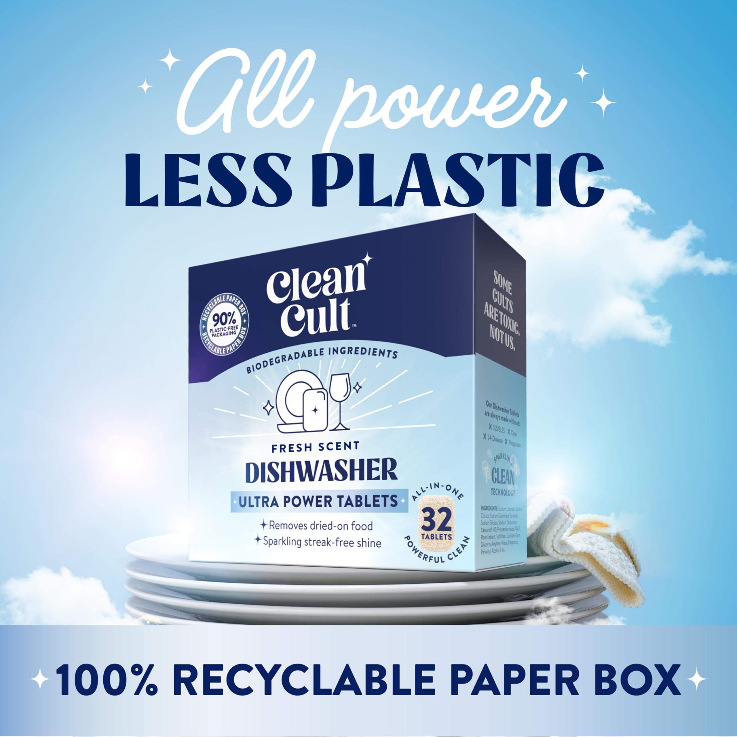 Cleancult Ultra Power Dishwasher Detergent Pods for Sparkling Streak-Free Shine, All-In-One, No Plastic Waste, 32 Count