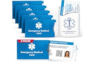 UNIVERSAL MEDICAL DATA Emergency Medical Alert Information ID Wallet Cards with Protective Tyvek Sleeves – Recognizable Star of Life Symbol & Adhesive Phone Card Holder for First Responder Access, Pocket Size, Pack of 6